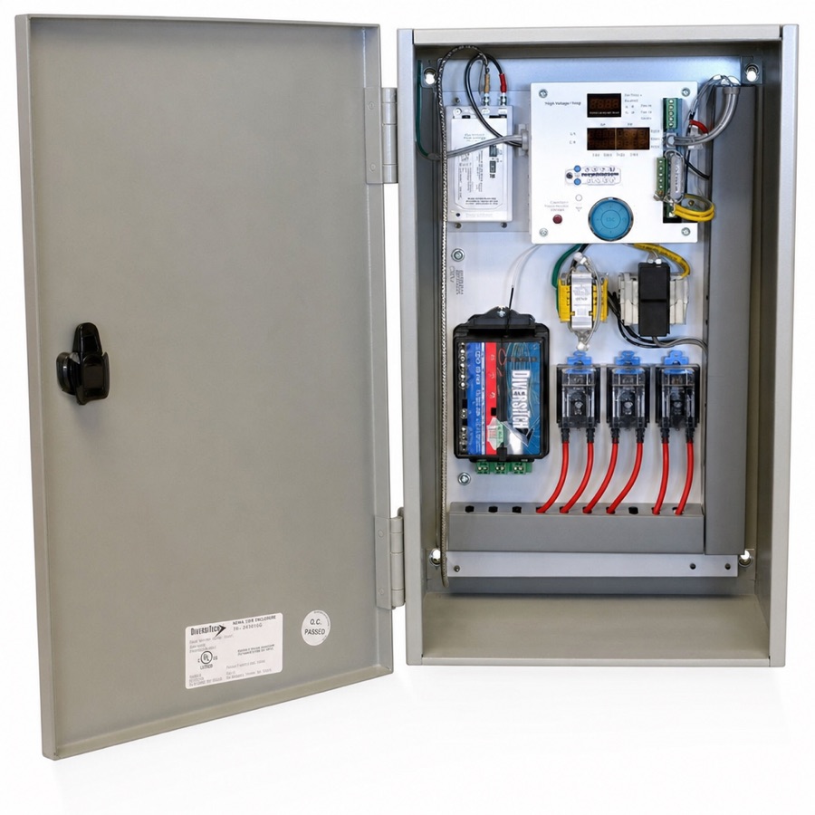 Energy Sentry 9388B: grey steel enclosure, door open, display and control board at top, output relays with red wires below