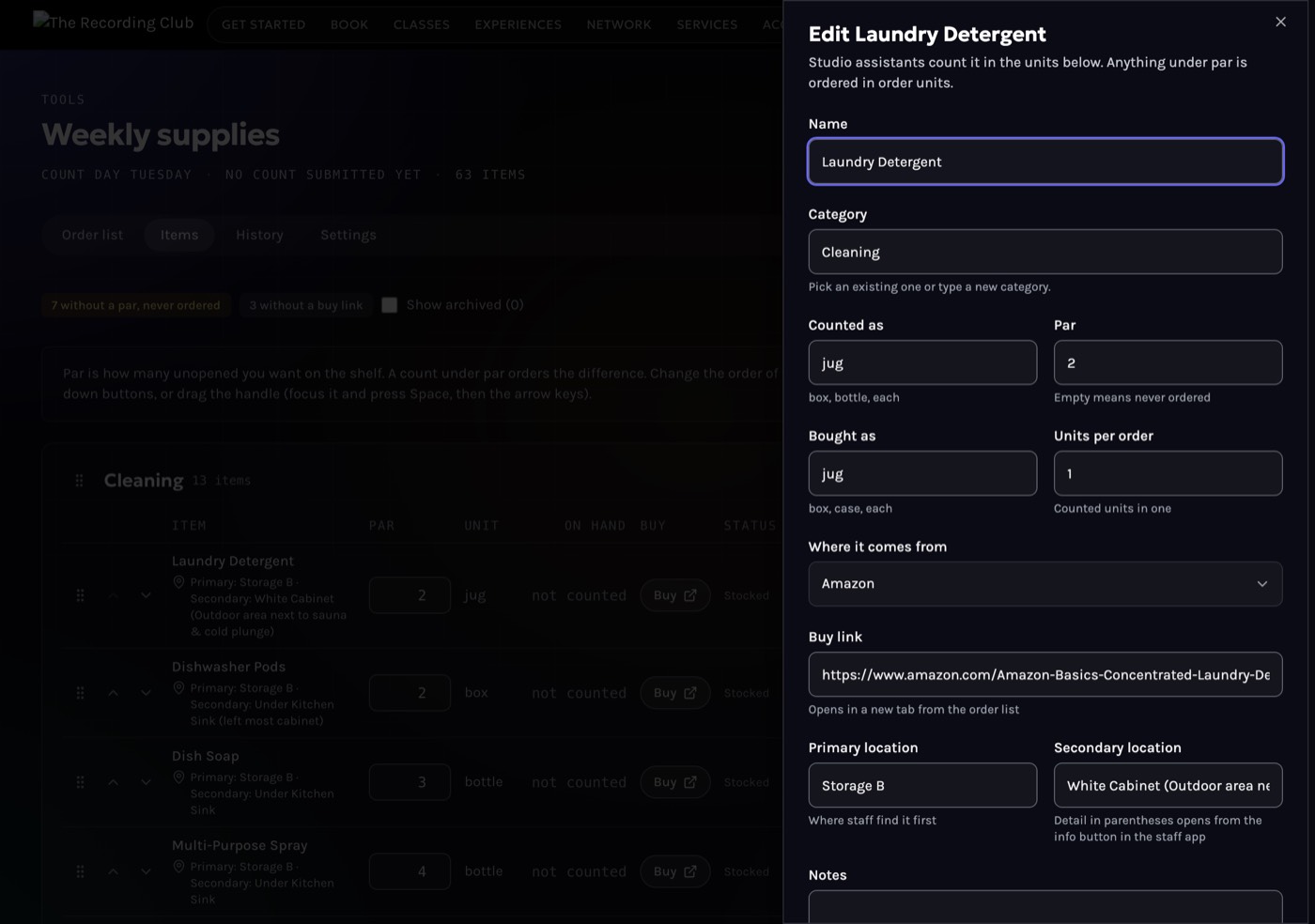Admin item editor with location fields