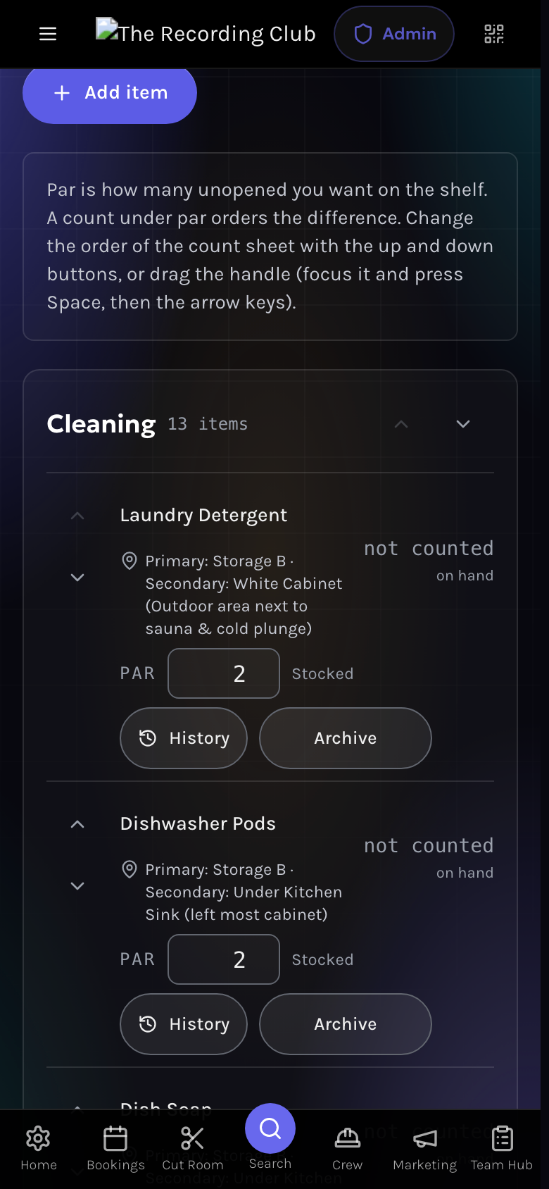 Admin items at phone width