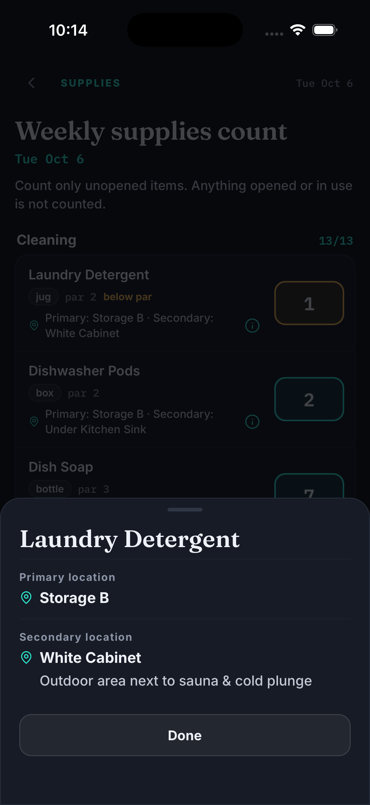 Info sheet for Laundry Detergent showing location detail