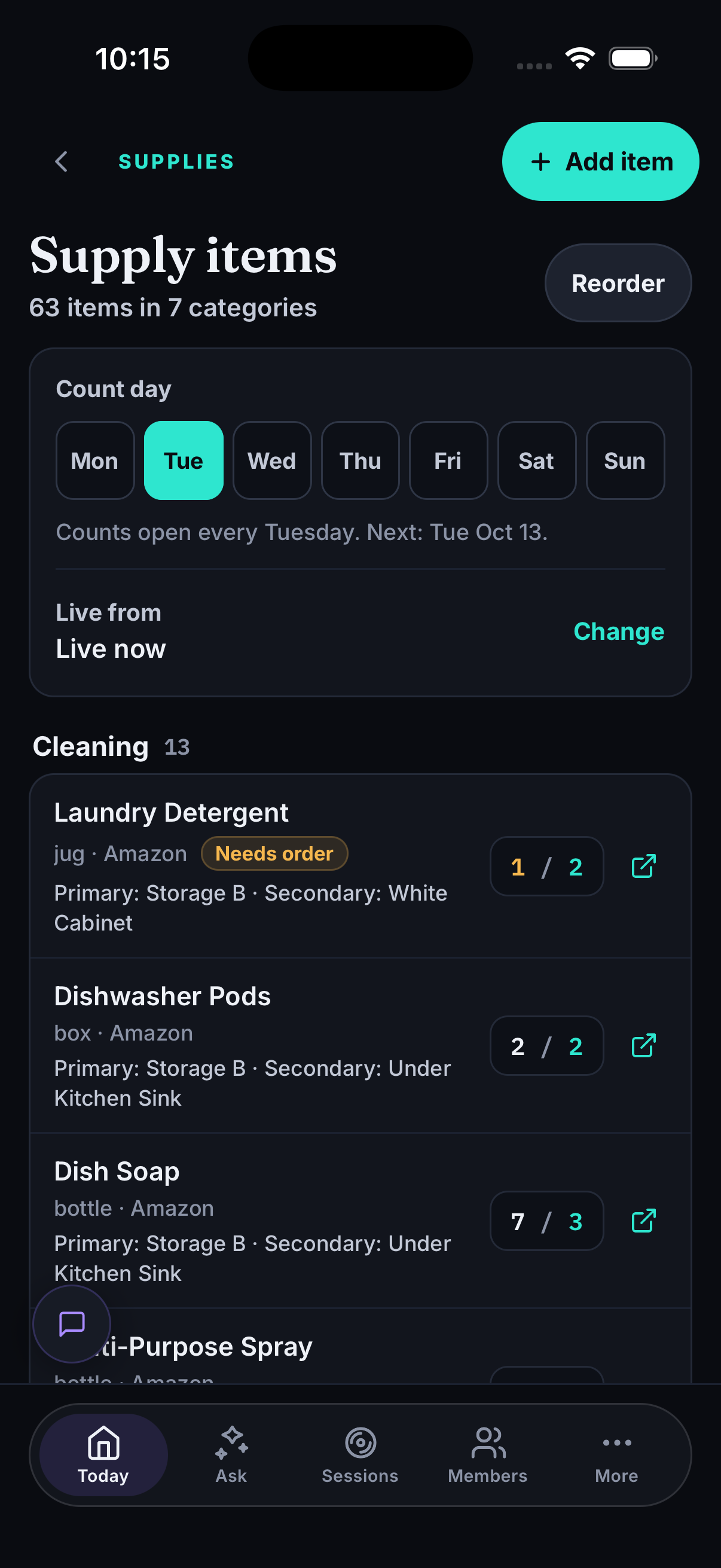 Supply item list with locations