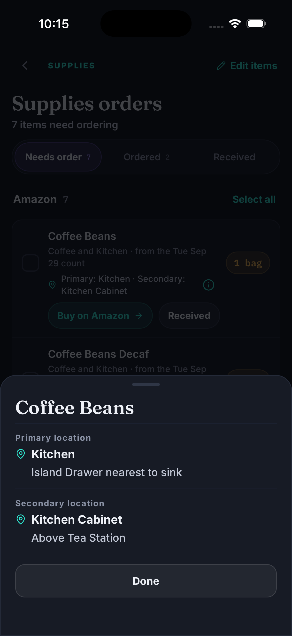 Info sheet for Coffee Beans from the order list