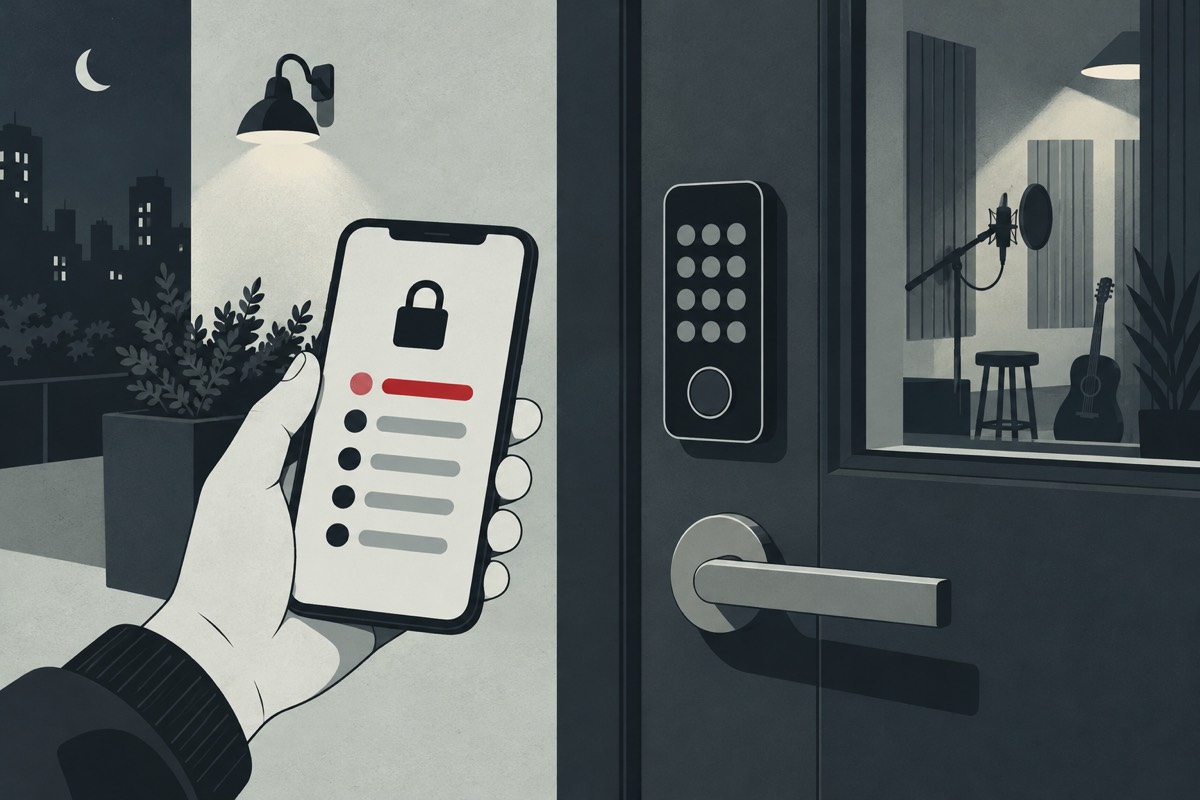 Illustration of a hand holding a phone with a lock app list, next to a keypad lock on a studio door at night