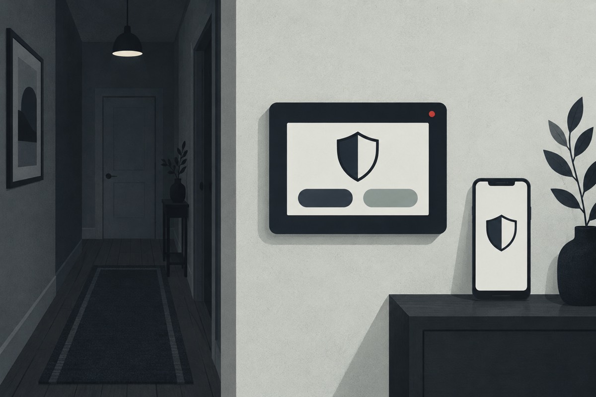 Illustration of a wall-mounted security panel with a shield icon, and a phone showing the same shield